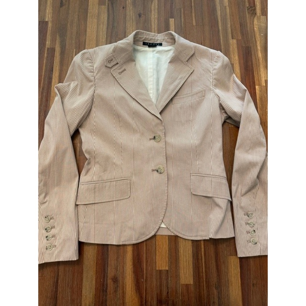 Theory Womens Tan White Pinstripe Two Button Blazer Jacket Size 6